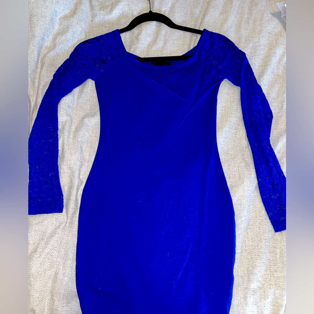 Lace Long Sleeve Blue Mini Dress